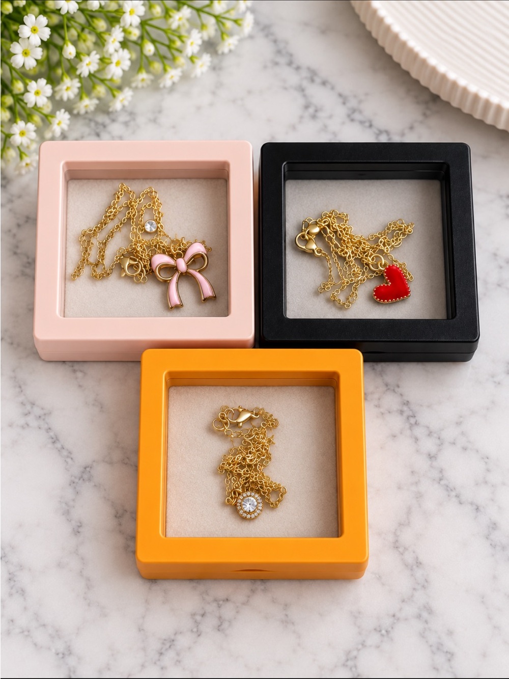 3 Gold Tone Pendant Necklaces Bundle | Pink Bow, CZ Circle & Red Heart